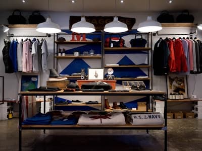Shelves and clothing rails inside the store, lit by pendant lamps